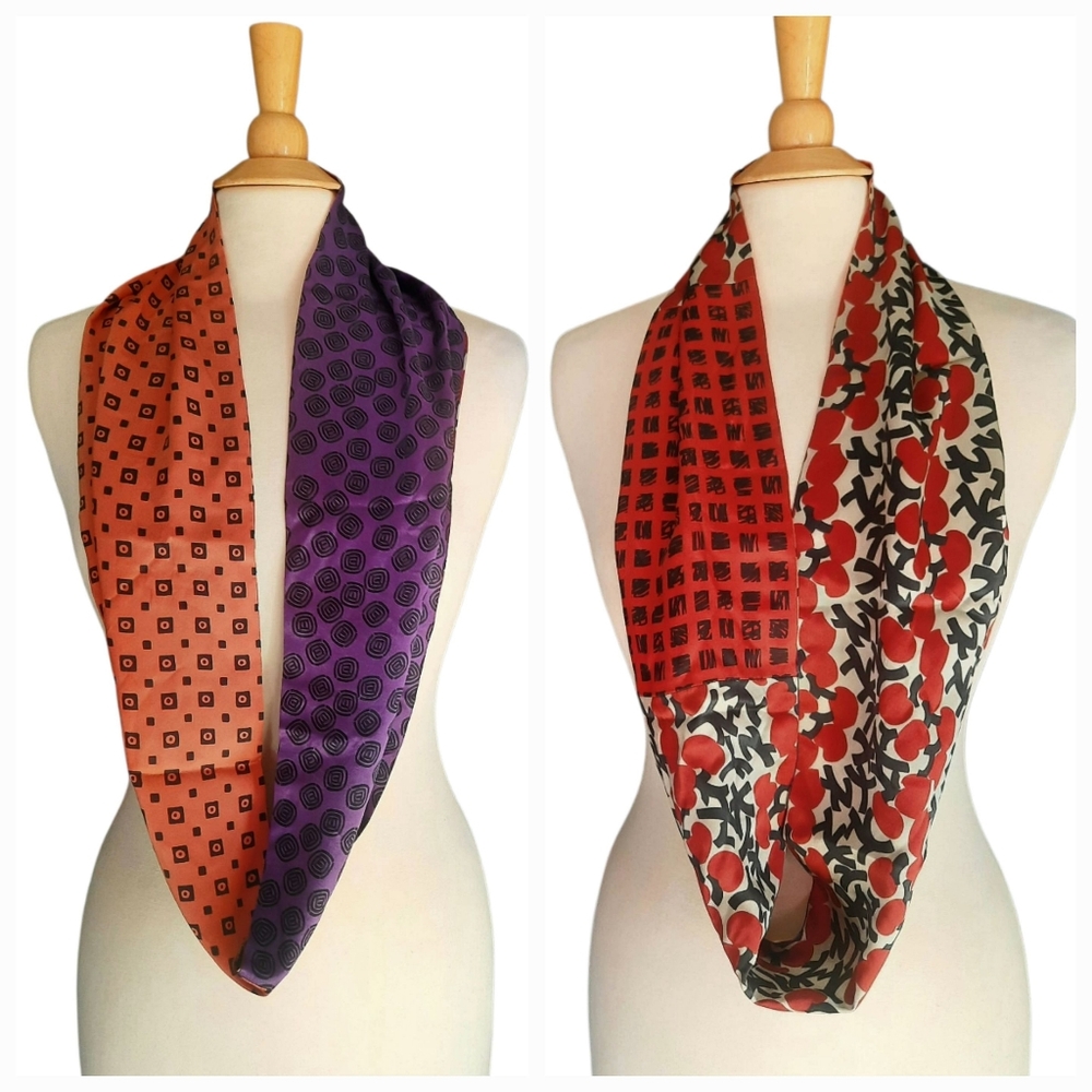 Silk Charmeuse Mixed Print Patchwork Infinity Scarf Purple/Orange/Multi US Made